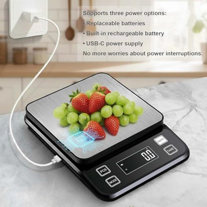 Waterproof Digital Kitchen Scale 0.1g/0.001oz Precision, Stainless Steel Electronic Scale with 3 Power Options (Rechargeable/AAA/Built-in), 10 Units Conversion, Smart Standby, 5kg/11lb Capacity - size: 11lb