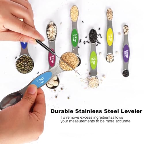 Multicolor Magnetic Measuring Spoons Set with Leveler | 7Pack, Stainless Steel, Stackable, Fits Spice Jars - For Baking Kitchen Gadgets Apartment Essentials Fits - color: Multicolor