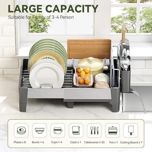Urackify Expandable Dish Drying Rack, Stainless Steel Dish Rack with Aluminum Frame, Dish Drainer for Kitchen Counter, Space Saving Kitchen Drying Rack with Movable Utensil Holder, Gray