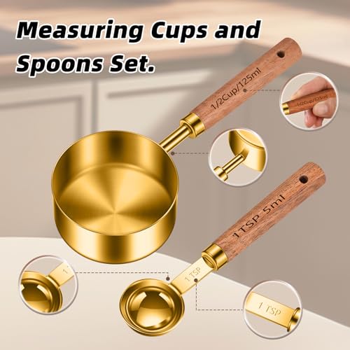 Wooden Handle Measuring Cups & Spoons Set 8-Piece – Stainless Steel, Stackable, Rustic Farmhouse Kitchen Gadgets, Non-Toxic, Dishwasher Safe, Gift for Bakers & New Homeowners - size: Gold-wood handle