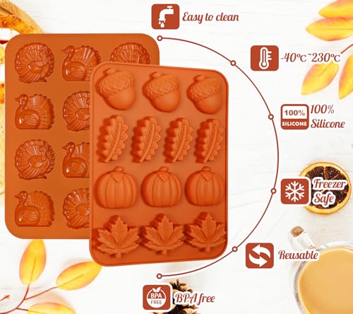 Webake The Original Thanksgiving Silicone Molds with Turkey, Pumpkin, Fall Leaf, Acorn Shapes, 2 Pack Turkey Mold for Candy, Cupcake Decorations, Thanksgiving, Halloween Fall Harvest Baking - style: Turkey