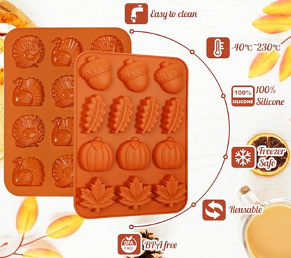 Webake The Original Thanksgiving Silicone Molds with Turkey, Pumpkin, Fall Leaf, Acorn Shapes, 2 Pack Turkey Mold for Candy, Cupcake Decorations, Thanksgiving, Halloween Fall Harvest Baking - style: Turkey