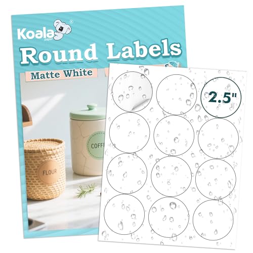 Koala Round Labels 2.5 Inch, Matte Waterproof Printable Circle Stickers for Inkjet and Laser Printer, 240 Circle Labels for Brand Logo, Bottle, Jar