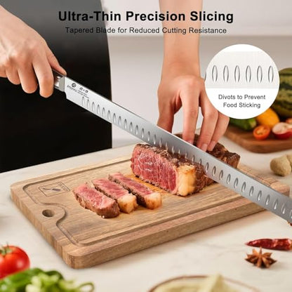 imarku Brisket Knife, 12 Inch Ultra Sharp Carving Slicing Knife for Brisket, BBQ, Turkey, Ham, Ribs, and Roast Beef, Japanese High Carbon Stainless Steel Blade, Ergonomic Pakkawood Handle, Gift Box - color: Black Brown Handle