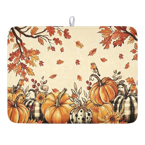 Fall Orange Pumpkin Dish Drying Mat for Kitchen Counter 18 x 24 Inch Autumn Maple Leaf Dish Drainer Mat Absorbent Microfiber Thanksgiving Harvest Dish Rack Pad for Coffee Dining Bar Decor - color: Orange Pumpkin, size: 18" x 24"