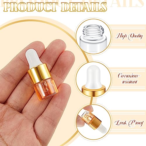 Didaey 200 Pcs 1/2/3/5/10/15 ml Mini Glass Oil Dropper Bottle Bulk, Clear Essential Small Empty Bottles Sample Containers Perfume Liquid Vials with Cap for Traveling (1 ml,Champagne Gold) - color: Champagne Gold, size: 1 ml