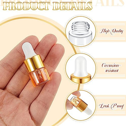 Didaey 100 Pcs 1/2/3/5/10/15 ml Mini Glass Oil Dropper Bottle Bulk, Clear Essential Small Empty Bottles Sample Containers Perfume Liquid Vials with Cap for Traveling (1 ml,Champagne Gold) - color: Champagne Gold, size: 1 ml