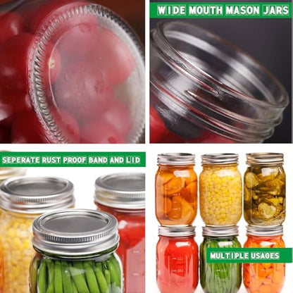 12-Pack Mason Jars 32 oz with Canning Supplies Starter Kit, Wide Mouth Pint Glass Jars with Lids, Jar Lifter Tongs,Funnel,6 in 1 Canner Tools Set for Canning, Pickling (32oz Jars with Tools)