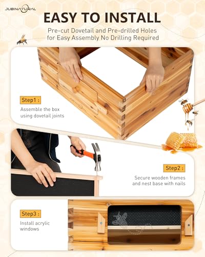 Bee Hive Starter Kit 10 Frame Langstroth Beehive 2 Deep 2 Medium Boxes | 10-Frame Langstroth Hive with 2 Deep Brood Boxes, 2 Medium Honey Supers, 40 Pine Frames and an Observation Window - size: 2Deep+2Madium Bee Box