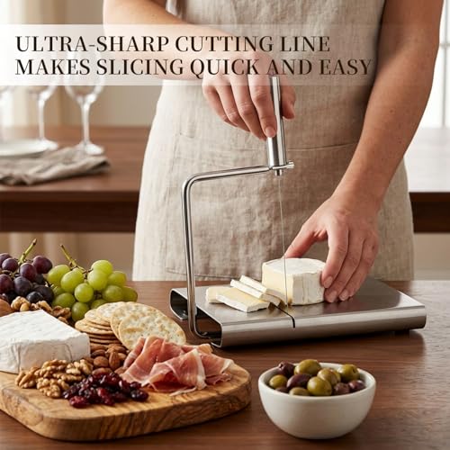 Cheese Slicer with 3 Wires for Block Cheese, Wire Cutter | Adjustable slices, quick-change stainless steel wire for cheddar, mozzarella, Swiss, butter, dishwasher-safe kitchen use