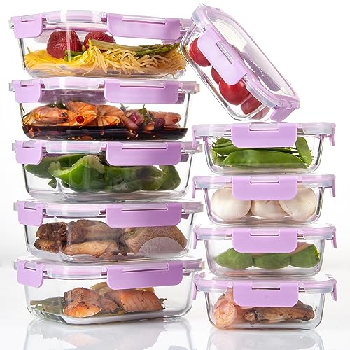 C CREST Airtight Food Storage Glass Containers with Locking Lids- 5 Large (32oz) and 5 Small (12oz), Leak-proof - color: LAVENDER