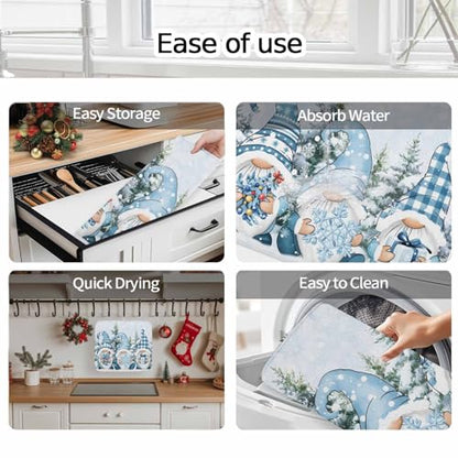 Blue Gnomes Christmas Dish Drying Mat for Kitchen Counter, Microfiber Dishes Drainer Mat Rack Pad, Xmas Tree Snowflake Gifts Absorbent Dish Bottle Drying Mats, 16''x18'', 1 Pack - size: 1PCS-16x18in
