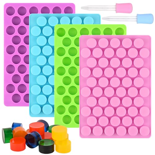Sakolla Round Candy Molds Silicone, 220 Cavities Mini Cylinder Molds for Chocolate, Hard Candy, Gummy, Ganache, Ice Cubes, Set of 4 with 2 Droppers - color: Mini Round/4 Colors