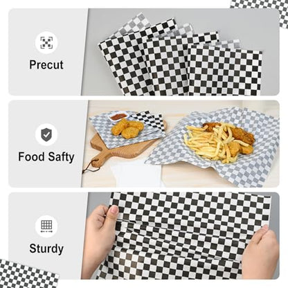 EcoDispose 12 x 12 Inches Grease Proof Deli Paper Precut Sheets for Deli Food, BBQ, Picnic, Party (100 Pcs, Black&White Checker) - size: Black Checker 12"x12"