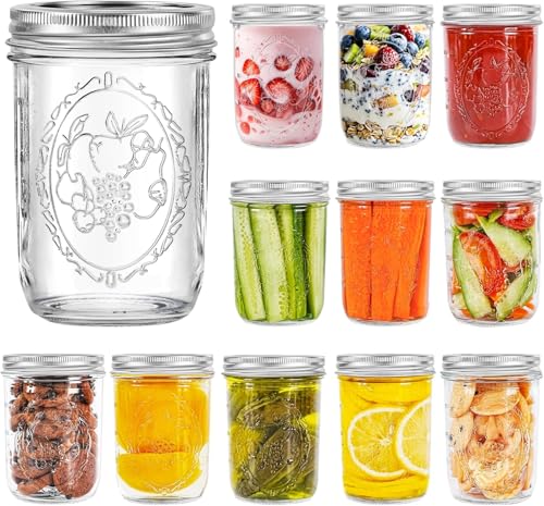 Miuyhji Mason Jars 16 oz with Lids, 12Pcs Wide Mouth Glass Canning Jars with Airtight Lids and Bands, Overnight Oats Containers for Pickling, Freezing, Preserving, Meal Prep, Jar Décor - size: 16 oz-12Pcs (Clear)