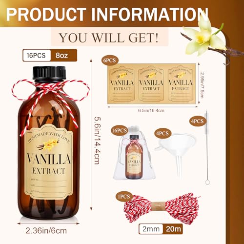 BHHQHH 16Pcs 8 oz Amber Glass Bottle Boston Round Bottles for Vanilla Extract Homemade,Brown Vanilla Extract Bottles with Caps for Syrup Gift Glass Food Storage Canister and Sauce Beans - size: Large