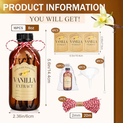 BHHQHH 16Pcs 8 oz Amber Glass Bottle Boston Round Bottles for Vanilla Extract Homemade,Brown Vanilla Extract Bottles with Caps for Syrup Gift Glass Food Storage Canister and Sauce Beans - size: Large