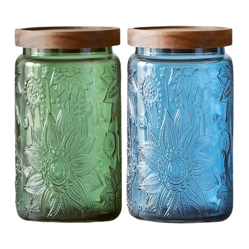 ANSQU Vintage Glass Storage Jar with Lid - 34 oz Mason Jar for Kitchen & Bathroom - Containers for Coffee, Tea, Cookies, Candy, Nuts, Pet Food, Bath Salts - Decorative Pantry Organizer (Blue & Green) - color: Green&Blue 2, size: 34 Ounces