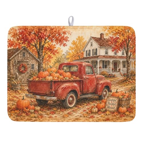 Fall Pumpkin Dish Drying Mat for Kitchen Counter Thanksgiving Autumn Harvest Pattern Microfiber Dish Drainer Mat Vintage Rustic Farmhouse Absorbent Washable Drying Pad 18"x24" - color: Fall Truck Pumpkin, size: 24" x 18"