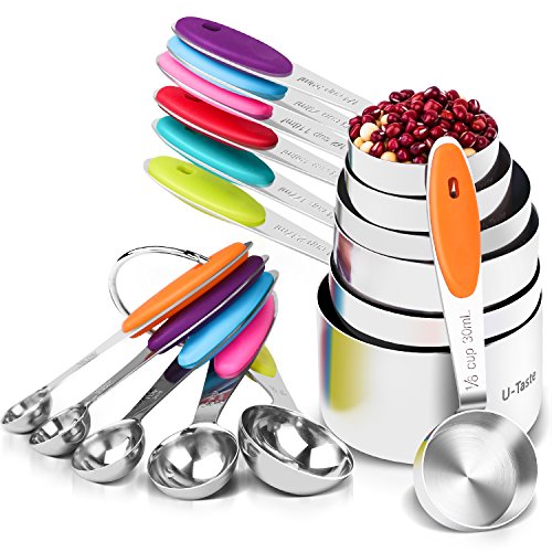 U-Taste 12 Piece Measuring Cups and Spoons Set in 18/8 Stainless Steel : 7 Measuring Cups & 5 Measuring Spoons - color: Multicolors