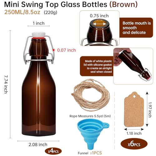4Pcs 8.5oz square Amber Beer Bottles with Flip Caps,250MLGlass Bottle with Swinging Top for Airtight Lids, Home Brewing and Fermentation Kombucha, Vanilla Extract, Beverage, Water