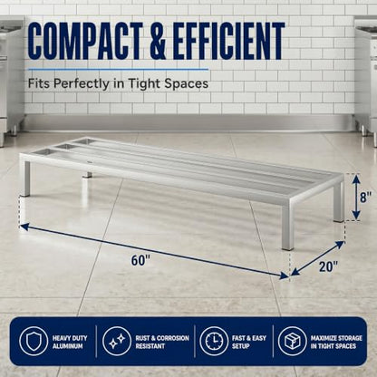 60" x 20" x 8" Aluminum Dunnage Rack – Heavy Duty Floor Storage Stand, NSF for Commercial Use - size: 60"W x 20"D x 8"H