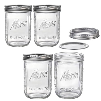 WELLIFE 4 Pack 16 oz Mason Jars with Lids – Wide Mouth Glass Canning Jars, Rust-Proof Airtight Lids with Silicone Seal, Thick Glass Storage Jars with Measurement Marks - color: Clear Mason Jar 16oz-4Pcs