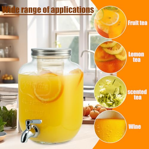 1 Gallon Glass Drink Dispensers for Parties, 2PACK Beverage Dispenser with Stand, Ice Cylinder and Stainless Steel Spigot 100% Leakproof, Beverage Dispenser for Lemonade Sun Tea - size: 1 Gallon Double with Stand