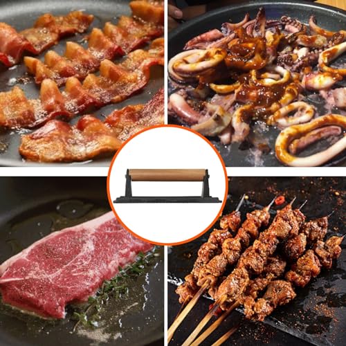 onlyfire Cast Iron Meat Press Grill Press with Wooden Handle, Great for Squeezing Fat from Meats, Flattening Bacon, Paninis, and Burgers