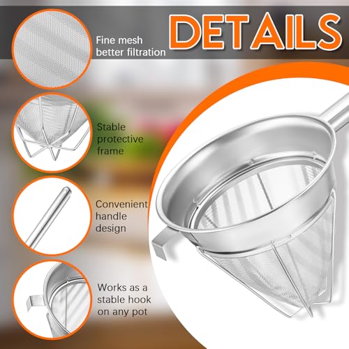 SiliFine Stainless Steel Reinforced Bouillon Sieve Strainer Cone Fine Mesh Strainer with Handle and Rubber Pestle for Kitchen Food Cooking(8 Inch) - size: 8 Inch
