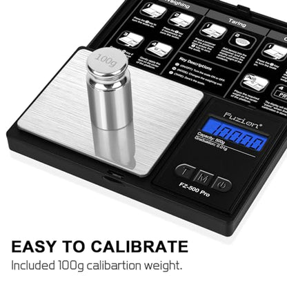 Fuzion Gram Scale, Digital Pocket Scale .01 Gram Accuracy, 500g Mini Jewelry Scale, Small Scale for Food, Herb, Spice, Coin - Weight Gram and Oz - 100g Calibration Weight - color: Black, size: 500g with Cal Weight