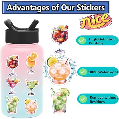 50 Packs Cocktails Stickers Water Bottles Laptop Phone Computer Guitar Skateboard Hydroflasks Wine Vinyl Sticker Waterproof Aesthetic Trendy Decals for Kids Teens Girls Adults(Colourful-7) - color: Colourful-7