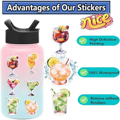50 Packs Cocktails Stickers Water Bottles Laptop Phone Computer Guitar Skateboard Hydroflasks Wine Vinyl Sticker Waterproof Aesthetic Trendy Decals for Kids Teens Girls Adults(Colourful-7) - color: Colourful-7