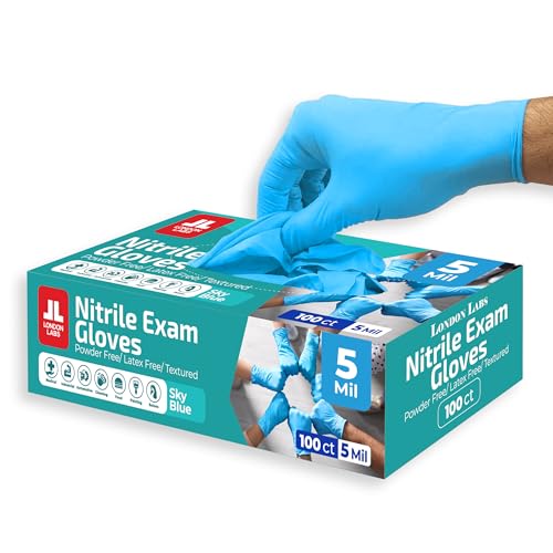 London Labs Sky Blue 5 Mil Nitrile Exam Gloves Disposable Latex Free | Medical Rubber Gloves for Doctors, EMT, First Aid Kit, Food Service & Cleaning | Bulk Nitrile for Mechanics (100 CT) - X-Small - size: X-Small, style: Sky Blue - 100 Count