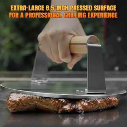 Professional-Grade 8.5-Inch Extra-Large Burger Press – Heavy Duty Stainless Steel Wooden Handle 3.65 lbs Easy to Clean for Hamburger Patties Bacon & Sandwiches Premium Grilling Tool