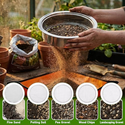 8 PCS Soil Sifter Set for Garden, Stainless Steel Soils Sieve Set, Compost Sifter with 5PCS Replaceable Mesh(1,3,6,9,12mm) Sieve and Bonsai Soil Scoop, 1 mat, 1 Frame, for Compost Bonsai Rocks Sand