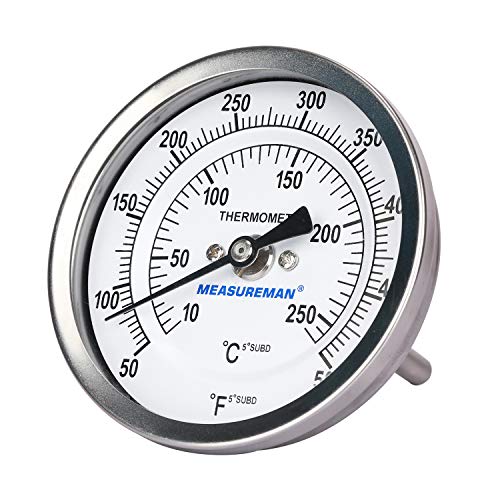 Measureman Fully Stainless Steel Bimetal Dial Thermometer, 3" Dial, 2-1/2" Stem, 50-500 deg F/10-260 deg C, -1% Accuracy, Adjustable, 1/2" NPT Back Mount - size: 50-500 deg F/10-260 deg C, style: 2-1/2" Stem