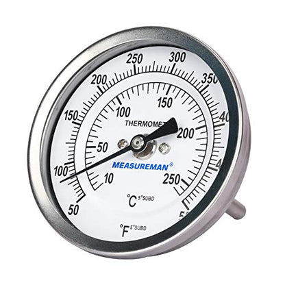 Measureman Fully Stainless Steel Bimetal Dial Thermometer, 3" Dial, 2-1/2" Stem, 50-500 deg F/10-260 deg C, -1% Accuracy, Adjustable, 1/2" NPT Back Mount - size: 50-500 deg F/10-260 deg C, style: 2-1/2" Stem
