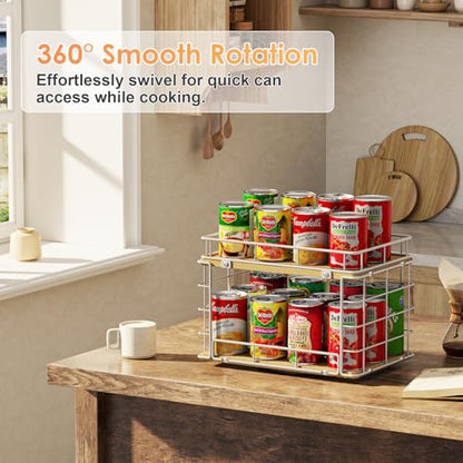 360° Lazy Susan Can Organizer, 2-Tier Rotating Metal Wire Wood Can Rack Holder, Kitchen Pantry Cabinet Countertop Turntable Storage Shelf, Hold 26 Soda Cans Food Beverage Cans Organizer, White - color: White