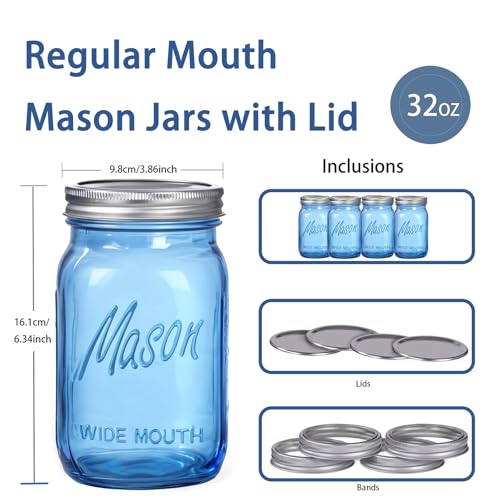 Rubtlamp Blue Mason jar 32 oz, 12 Pack Glass Jars - Wide Mouth Mason Jars with Airtight Lids for Pickling, Fermenting, Food Storage&DIY Crafts, Microwave & Dishwasher Safe - color: Blue