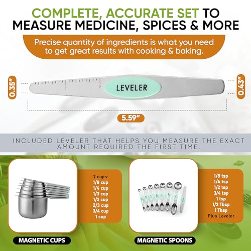 Spring Chef Magnetic Measuring Cups & Spoons Set, Patented, Strong N45 Magnets, Heavy Duty Stainless Steel Fits in Spice Jars for Baking & Cooking, BPA Free, Round Set of 15 with Leveler, Mint - color: Mint, size: Set of 15