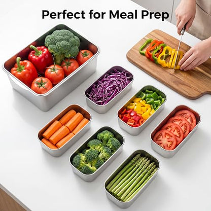 Extra Large 304 Stainless Steel Food Storage with 6 Divided Compartments & Individual Lids–240oz Meal Prep Container for Roasting Turkey, Bread, Fruits–Oven Safe, BPA Free, Dishwasher Safe - size: 7000ml + 6 Small Containers Set