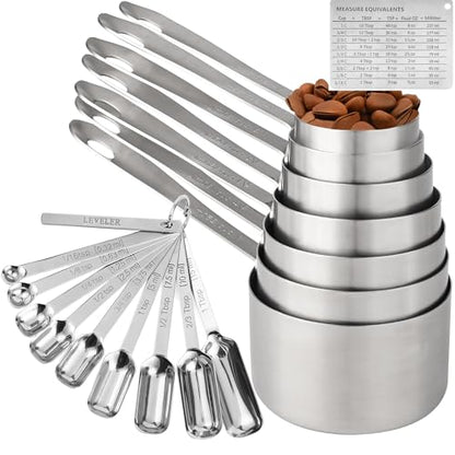 Measuring Cups and Spoons Set of 19, 7 Stainless Steel Stackable Measuring Cups, 9 Measuring Spoons, Metal Measuring Spoons and Cups for Dry or Wet Ingredients During Kitchen & Baking - color: B02: Siliver-7Cups+9Spoons