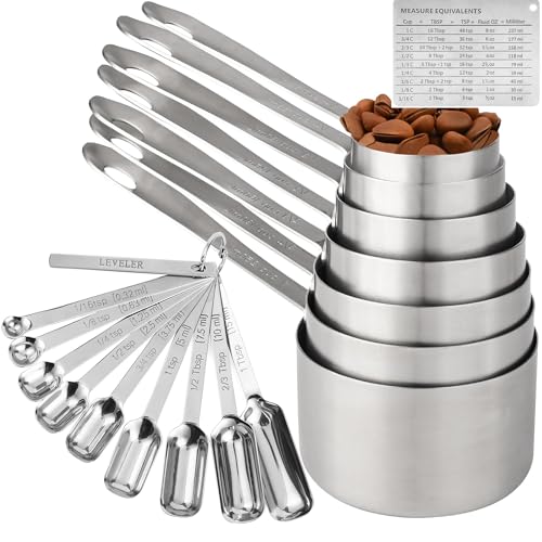 Measuring Cups and Spoons Set of 19, 7 Stainless Steel Stackable Measuring Cups, 9 Measuring Spoons, Metal Measuring Spoons and Cups for Dry or Wet Ingredients During Kitchen & Baking - color: B02: Siliver-7Cups+9Spoons