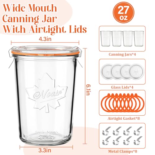 27 oz Glass Canning Jars, 4 Pack Wide Mouth Airtight Sourdough Starter & Fermentation Jars with Clamp Lids, 800ml for Pickles, Yogurt & Pantry Storage