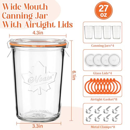 27 oz Glass Canning Jars, 4 Pack Wide Mouth Airtight Sourdough Starter & Fermentation Jars with Clamp Lids, 800ml for Pickles, Yogurt & Pantry Storage