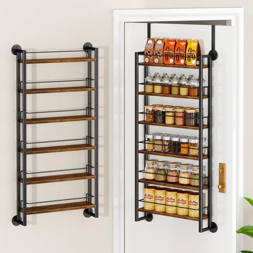 IBUYKE 6 Tier Over The Door Pantry Organizer,Wall Mounted Spice Rack,Door Hanging or Wall,Adjustable Hanging Storage Shelves,Spice Organization for Kitchen cabinet,Bathroom,Closet,Brown UTLJ028H - color: Rustic Brown, size: 6 Tier (adjustable)