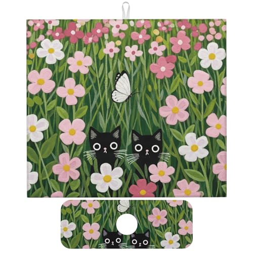 Pink Floral Cat Dish Drying Mat for Kitchen Counter, 16"x18" Microfiber Absorbent Fast Dry Mat, 2Pcs Dish Mat Faucet Mats Sets, Large Drying Kitchen Mat Kitchen Drying Pad Coffee Bar Decor Gifts - color: Pink Floral Cat, size: 16"X18"