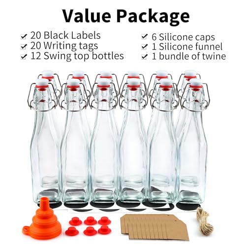 12 Pack 12oz Swing Top Glass Bottles, 375ML Square Bottles with Airtight Stoppers for Kombucha, Kefir, Vanilla Extract, Beer(Bonus Gaskets, Labels and Funnel) - size: 12oz