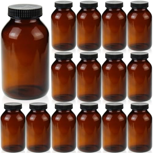 500 ml(16.7 OZ) Amber Glass Wide Mouth Packer Bottle with Black Ribbed Cap, UV Light Resistant Jars for Pills, Capsules, Essential Oils, DIY Salves - Airtight Storage Container，Pack of 12 - size: 16.7 OZ